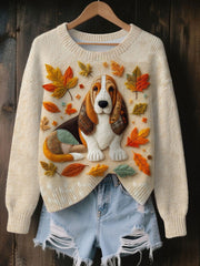 Damen Vintage Herbst Gefallene Patchwork Hund Print Kunst Freizeit Strick pullover