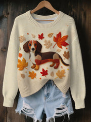 Damen Vintage Herbst Gefallene Patchwork Hund Print Kunst Freizeit Strick pullover