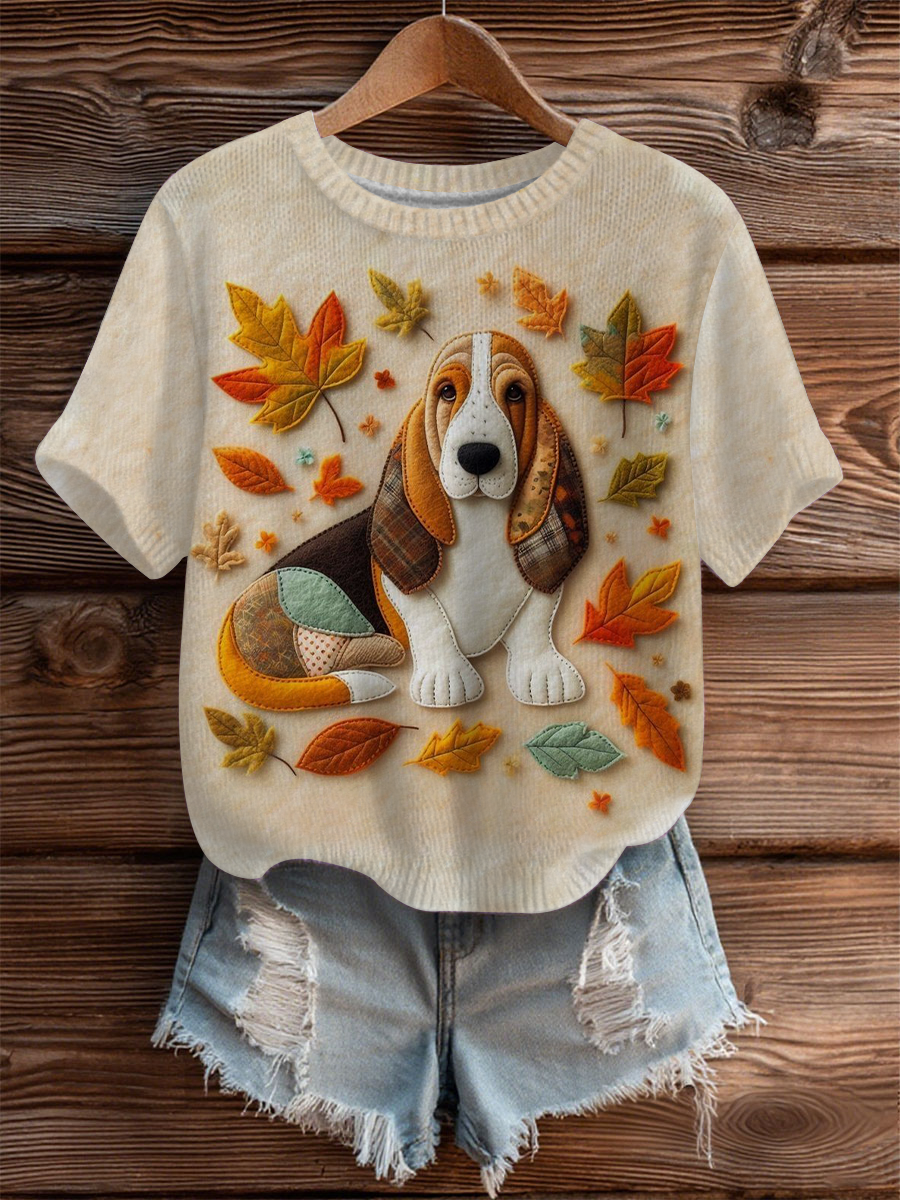 Damen Vintage Herbst gefallen Patchwork Hund Print Kunst Gemütliches Stricktop