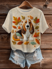 Damen Vintage Herbst gefallen Patchwork Hund Print Kunst Gemütliches Stricktop