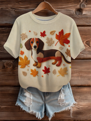 Damen Vintage Herbst gefallen Patchwork Hund Print Kunst Gemütliches Stricktop