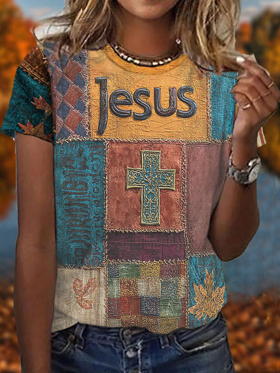 Kurzarm-T-Shirt mit Kreuz druck für Damen Retro-Casual Faith