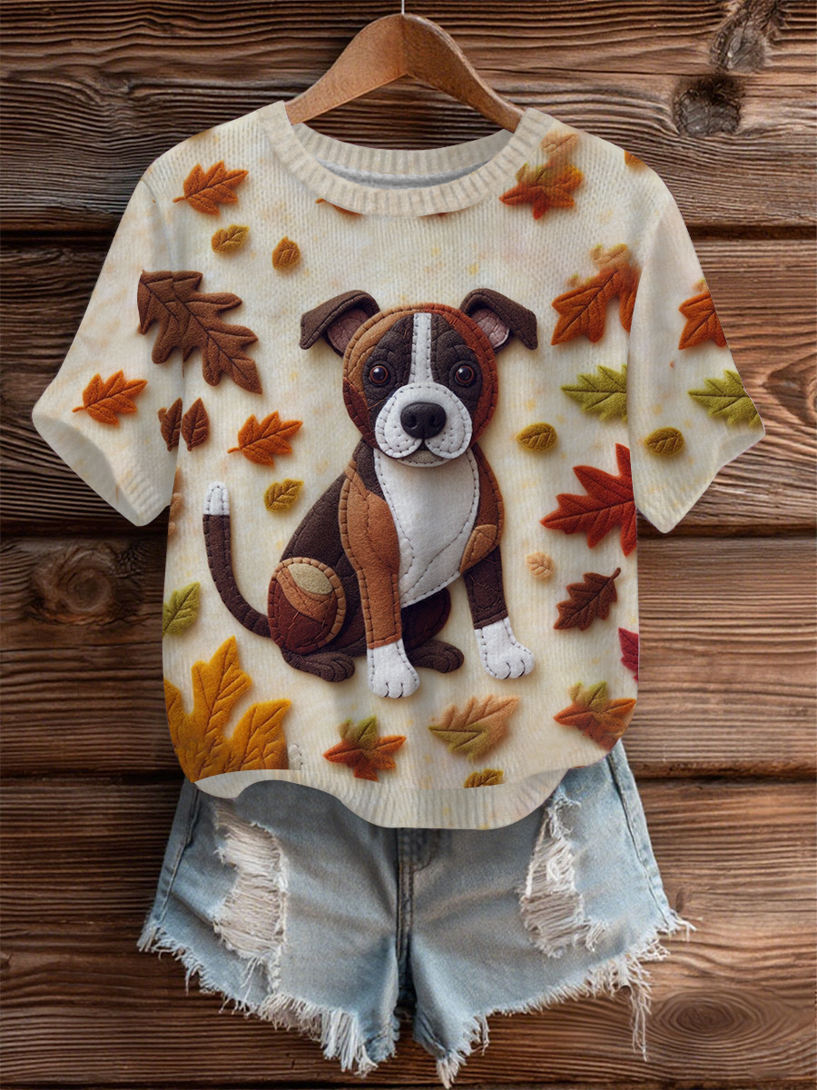 Damen Vintage Herbst gefallen Patchwork Hund Print Kunst Gemütliches Stricktop