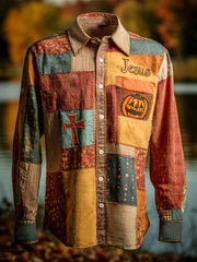 Herren Retro Faith Cross Lässiges Halloween Kunstdruck Langarm Hemd