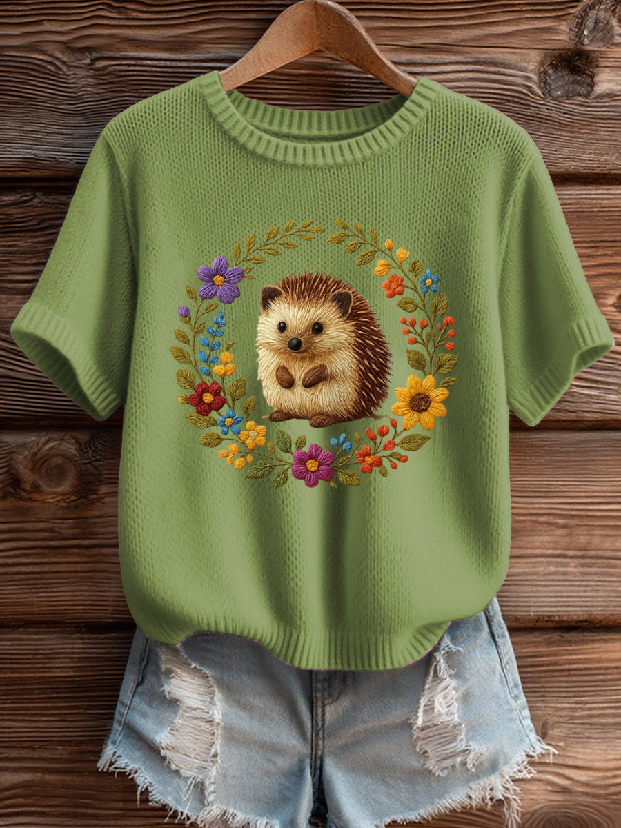 Damen Igel Print Kurzarm geknüpft Top