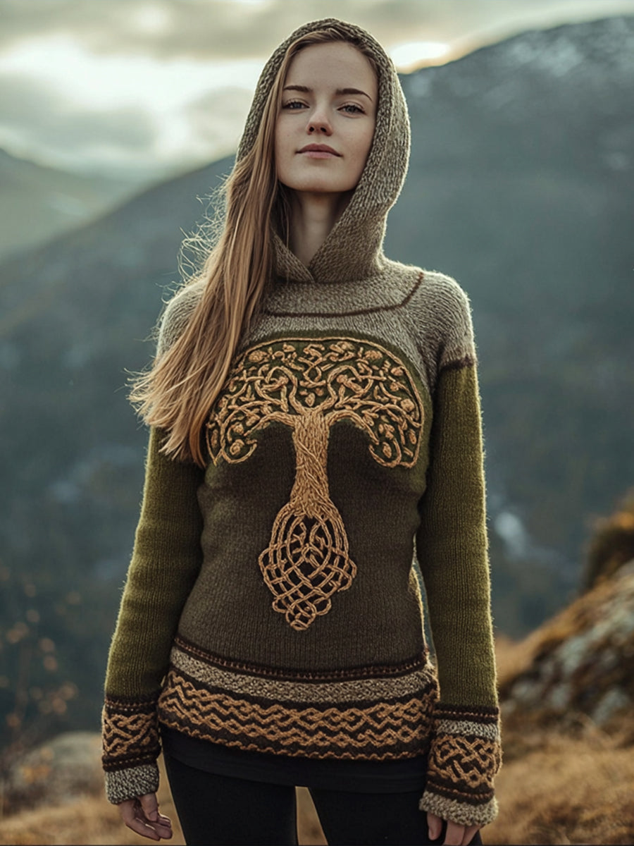 Frauen Baum des Lebens Muster Gemütlicher Strick Hoodie