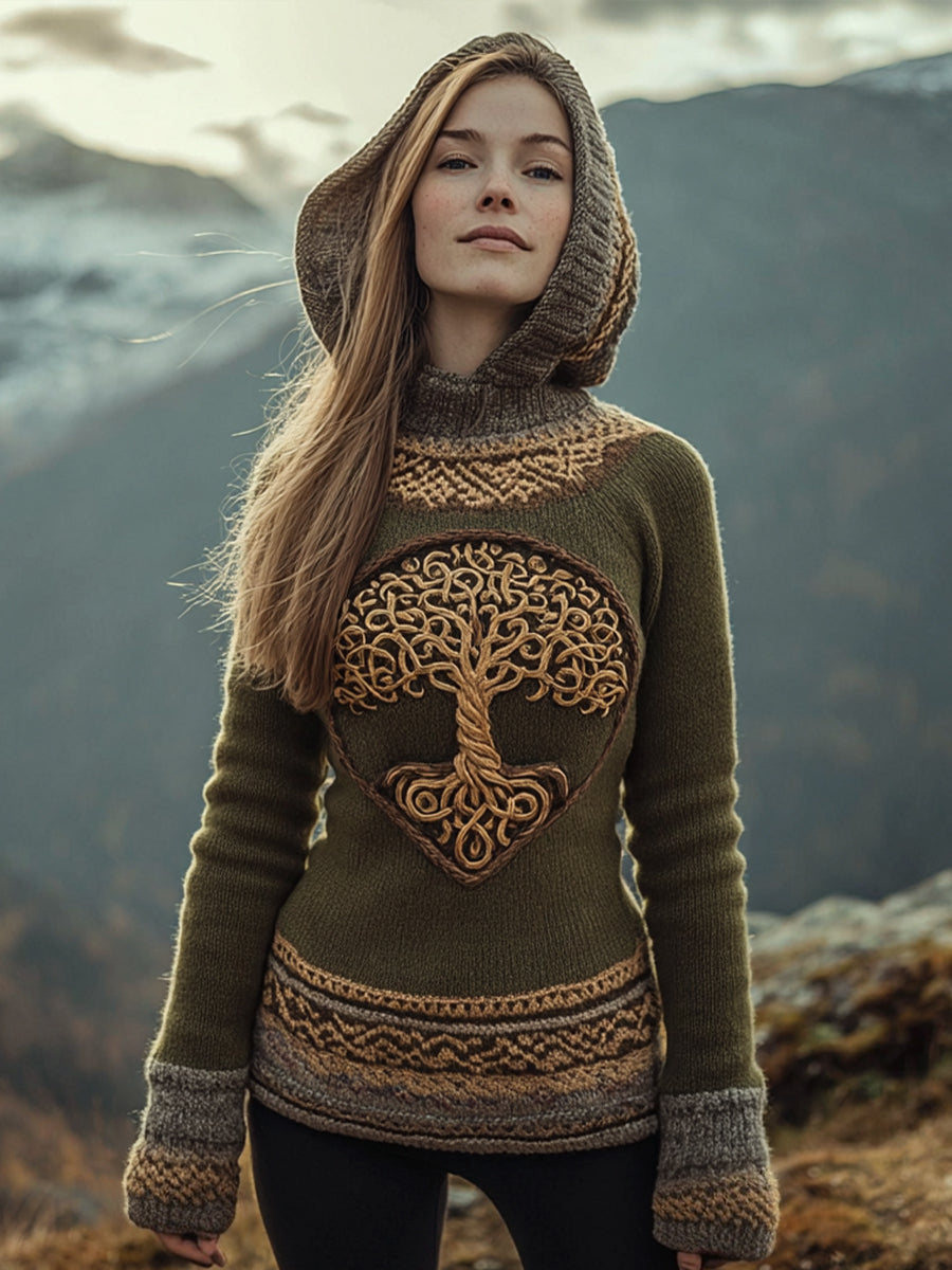 Frauen Baum des Lebens Muster Gemütlicher Strick Hoodie