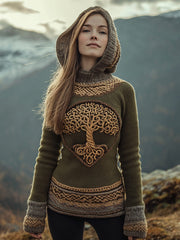 Frauen Baum des Lebens Muster Gemütlicher Strick Hoodie