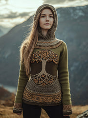 Frauen Baum des Lebens Muster Gemütlicher Strick Hoodie