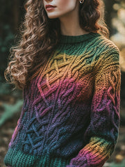 Damen klassische keltische klobige Regenbogen farbe Rundhals ausschnitt, gemütlicher Pullover