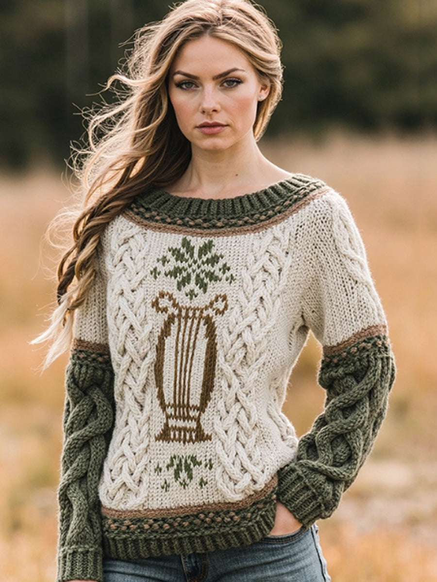 Frauen Irischer keltischer Knoten Harfe Jacquard Pullover