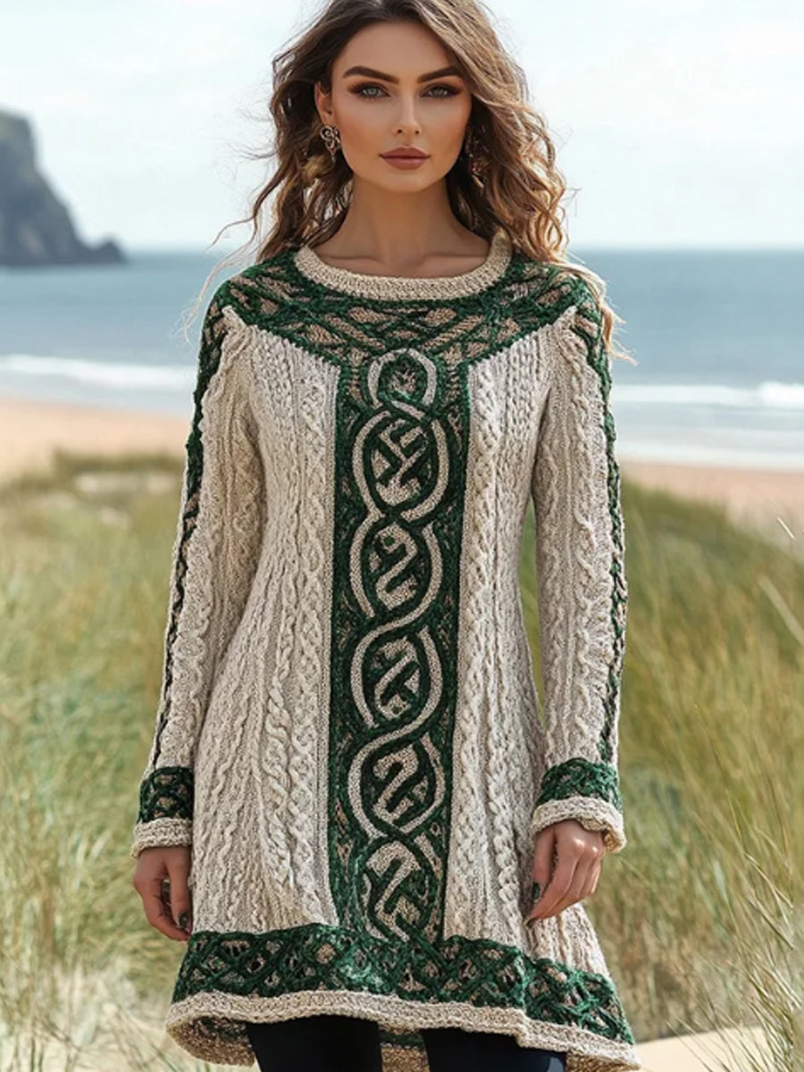 Damen Irisches keltisches geknüpftes Kontrast pullover kleid mit Rundhals ausschnitt