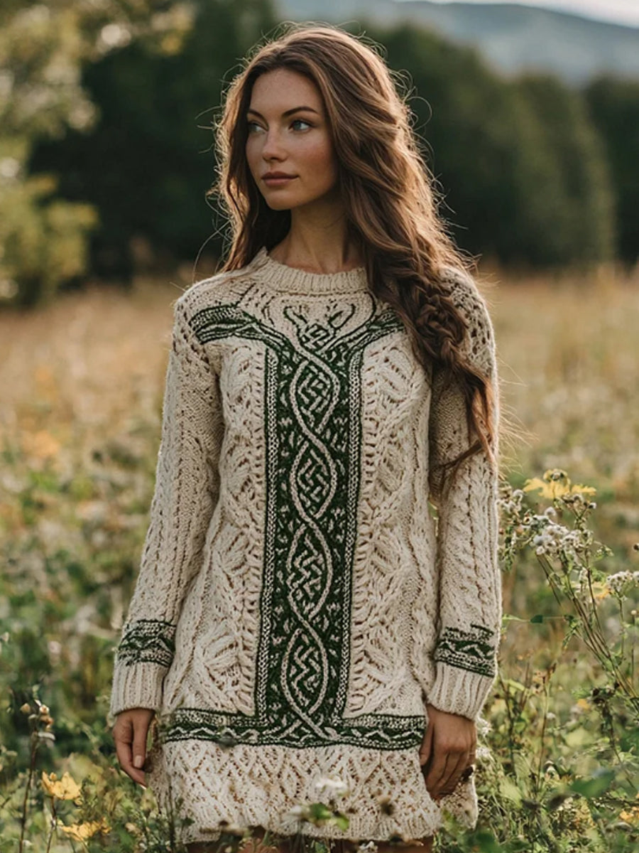 Damen Irisches keltisches, kontrastieren des Rundhals-Pullover kleid