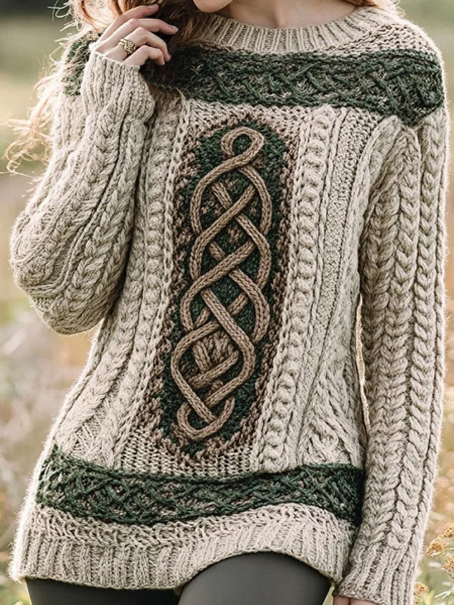 Frauen Irischer keltischer Knoten Jacquard Kontrast Pullover