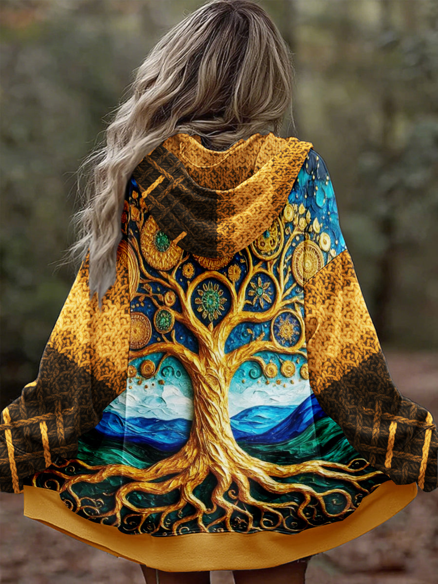 Damen Vintage Tree of Life Celtic Dick Nähte Komfortable Strick jacke mit Kapuze