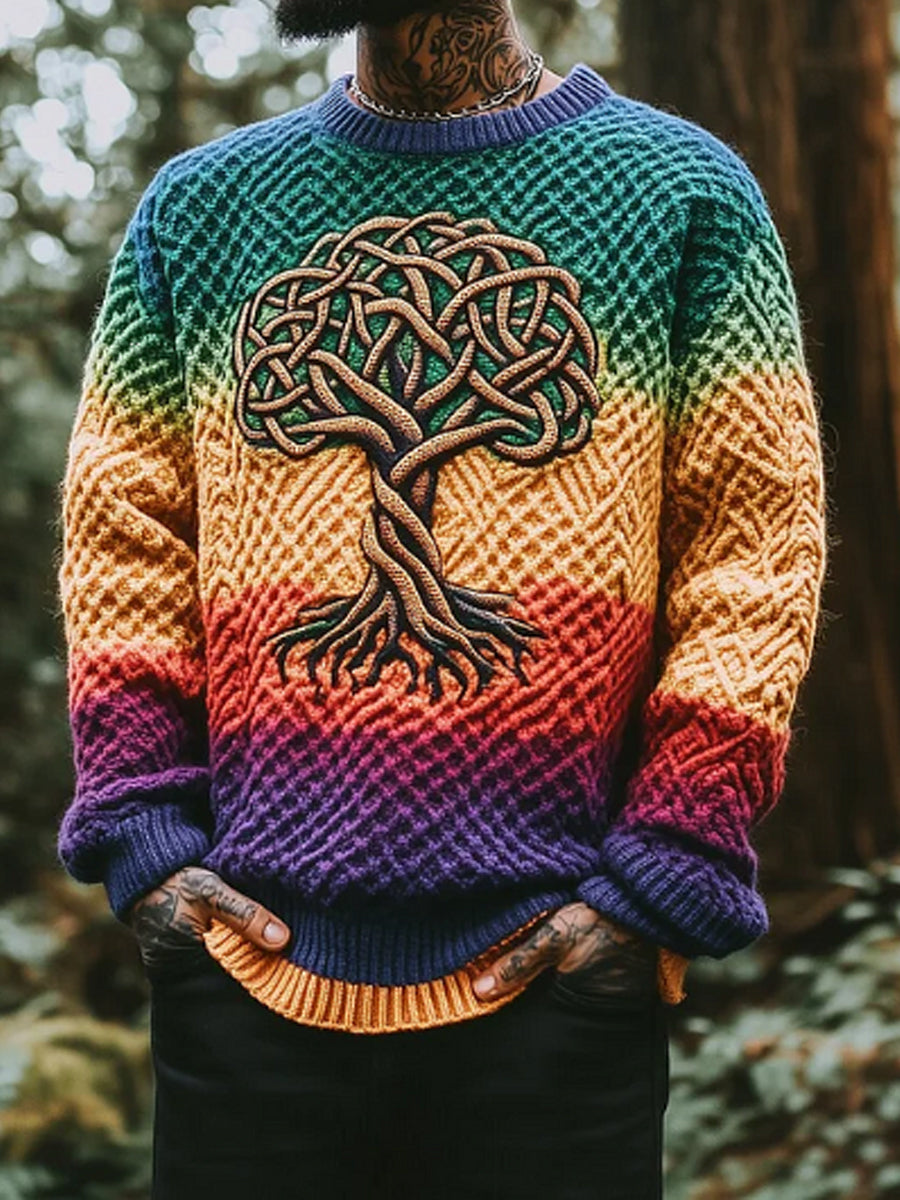 Herren Vintage Baum des Lebens Muster Wärme gestrickte Jacquard Unisex Pullover